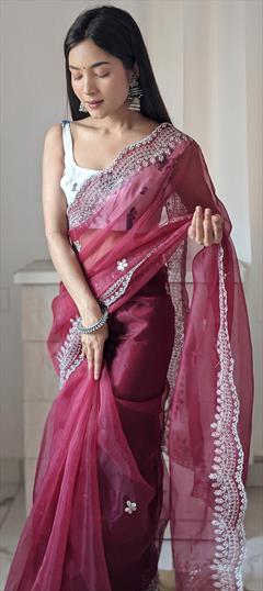 Festive, Reception, Traditional Purple and Violet color Saree in Organza Silk fabric with Classic Embroidered, Sequence work : 1948063