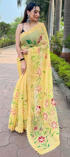 Festive, Reception Yellow color Saree in Shimmer fabric with Classic Floral, Foil Print, Lace work : 1948064