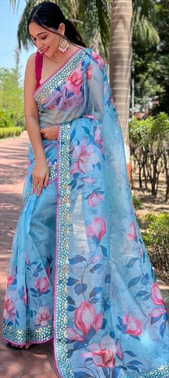 Party Wear, Reception, Traditional Blue color Saree in Organza Silk fabric with Classic Digital Print, Embroidered, Floral, Gota Patti work : 1948066