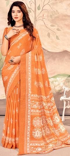 Casual Orange color Saree in Chiffon fabric with Classic Printed work : 1948071
