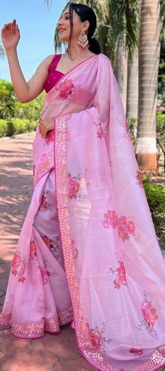 Party Wear, Reception, Traditional Pink and Majenta color Saree in Organza Silk fabric with Classic Digital Print, Embroidered, Floral, Gota Patti work : 1948072
