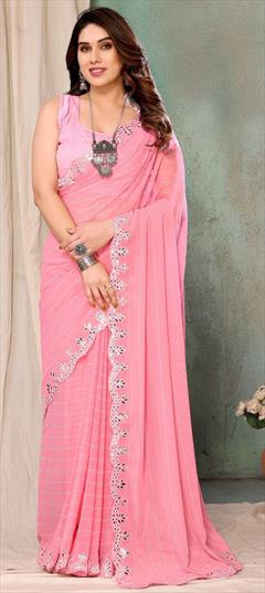 Festive, Reception Pink and Majenta color Saree in Georgette fabric with Classic Lace, Printed work : 1948086