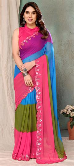 Festive, Reception Multicolor color Saree in Georgette fabric with Classic Lace, Printed work : 1948088