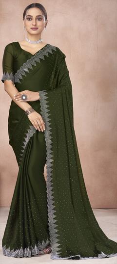 Festive, Reception Green color Saree in Chiffon fabric with Classic Swarovski work : 1948095