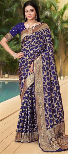 Festive, Traditional Blue color Saree in Banarasi Silk fabric with South Weaving work : 1948105