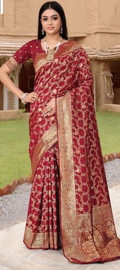 Festive, Traditional Red and Maroon color Saree in Banarasi Silk fabric with South Weaving work : 1948106