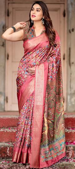 Party Wear, Traditional Pink and Majenta color Saree in Art Silk fabric with South Digital Print, Floral work : 1948109
