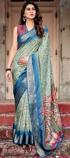 Party Wear, Traditional Green color Saree in Art Silk fabric with South Digital Print, Floral work : 1948110