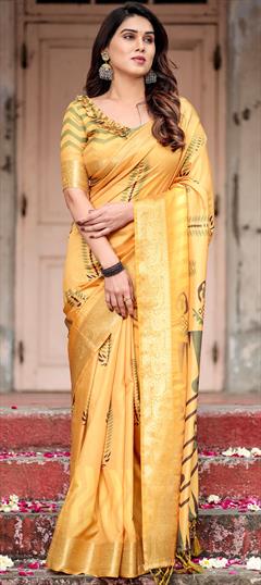 Party Wear, Traditional Yellow color Saree in Art Silk fabric with South Digital Print work : 1948111