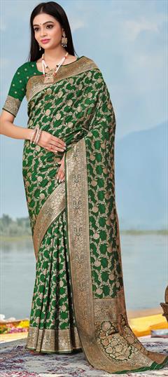 Festive, Traditional Green color Saree in Banarasi Silk fabric with South Weaving work : 1948112