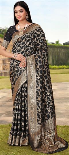 Festive, Traditional Black and Grey color Saree in Banarasi Silk fabric with South Weaving work : 1948113