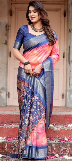 Party Wear, Traditional Blue, Pink and Majenta color Saree in Art Silk fabric with South Digital Print, Floral work : 1948116