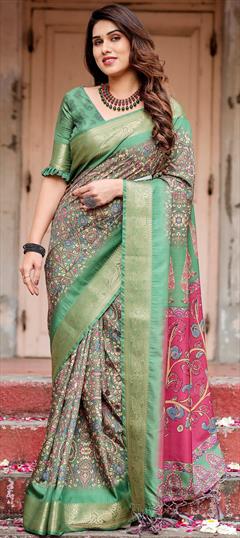 Party Wear, Traditional Green color Saree in Art Silk fabric with South Digital Print, Floral work : 1948117