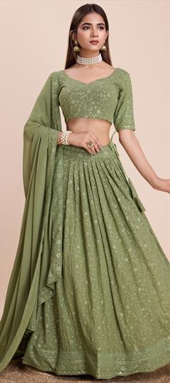 Engagement, Mehendi Sangeet, Wedding Green color Lehenga in Faux Georgette fabric with Flared Embroidered, Sequence, Thread work : 1948124