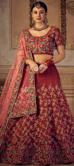 Engagement, Reception, Wedding Red and Maroon color Lehenga in Taffeta Silk fabric with Flared Embroidered, Thread work : 1948130