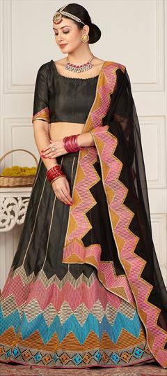 Mehendi Sangeet, Reception, Wedding Black and Grey color Lehenga in Taffeta Silk fabric with Flared Embroidered, Resham, Thread work : 1948134