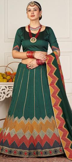 Mehendi Sangeet, Reception, Wedding Green color Lehenga in Taffeta Silk fabric with Flared Embroidered, Resham, Thread work : 1948136