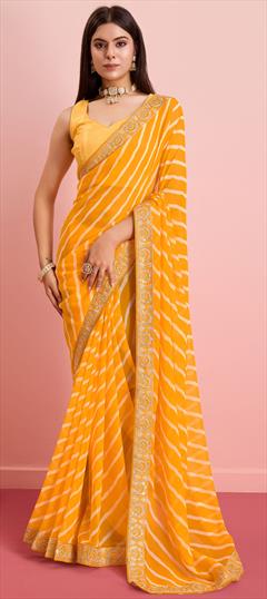 Festive, Reception Yellow color Saree in Georgette fabric with Classic Embroidered, Printed, Thread work : 1948139