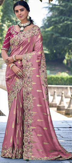 Bridal, Reception, Wedding Pink and Majenta color Saree in Silk fabric with South Embroidered, Resham, Stone, Zari work : 1948152