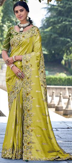 Bridal, Reception, Wedding Green color Saree in Silk fabric with South Embroidered, Resham, Stone, Zari work : 1948155