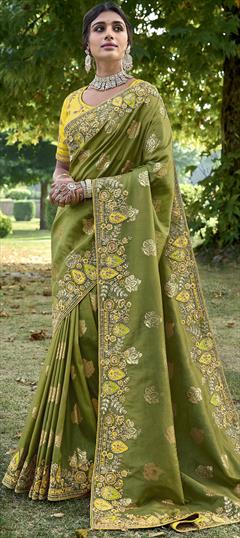 Bridal, Reception, Wedding Green color Saree in Silk fabric with South Embroidered, Resham, Stone, Zari work : 1948158