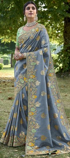 Bridal, Reception, Wedding Black and Grey color Saree in Silk fabric with South Embroidered, Resham, Stone, Zari work : 1948159
