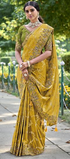 Bridal, Reception, Wedding Yellow color Saree in Silk fabric with South Embroidered, Resham, Stone, Zari work : 1948160