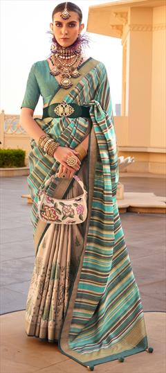 Festive, Traditional, Wedding Green, White and Off White color Saree in Silk fabric with South Printed work : 1948161