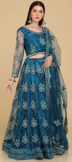 Festive, Mehendi Sangeet, Reception Blue color Lehenga in Net fabric with Flared Embroidered, Resham, Thread work : 1948165