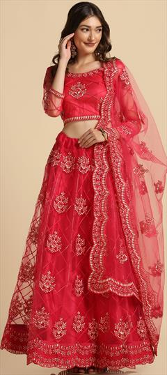 Engagement, Festive, Reception Pink and Majenta color Lehenga in Net fabric with Flared Embroidered, Thread work : 1948167