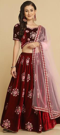 Engagement, Festive, Reception Red and Maroon color Lehenga in Velvet fabric with Flared Embroidered, Thread work : 1948169
