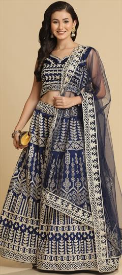 Engagement, Festive, Reception Blue color Lehenga in Taffeta Silk fabric with Flared Embroidered, Thread work : 1948170