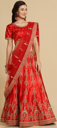 Engagement, Festive, Reception Red and Maroon color Lehenga in Taffeta Silk fabric with Flared Embroidered, Thread work : 1948173