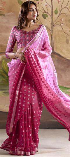 Engagement, Reception Pink and Majenta color Saree in Georgette fabric with Classic Thread, Weaving work : 1948183
