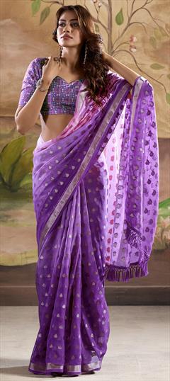 Engagement, Reception Purple and Violet color Saree in Georgette fabric with Classic Thread, Weaving work : 1948184