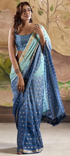 Engagement, Reception Blue color Saree in Georgette fabric with Classic Thread, Weaving work : 1948186