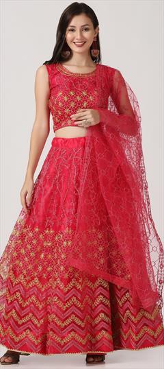 Festive, Mehendi Sangeet, Reception Pink and Majenta color Lehenga in Net fabric with Flared Embroidered, Resham, Thread work : 1948187