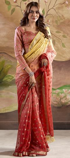Engagement, Reception Red and Maroon, Yellow color Saree in Georgette fabric with Classic Thread, Weaving work : 1948188