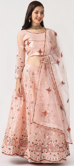 Festive, Mehendi Sangeet, Reception Pink and Majenta color Lehenga in Net fabric with Flared Embroidered, Resham, Thread work : 1948190