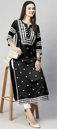 Summer Black and Grey color Kurti in Cotton fabric with Long Sleeve, Straight Embroidered work : 1948207
