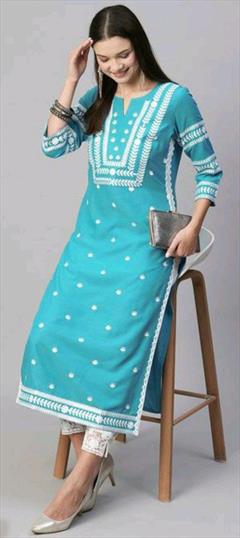 Summer Blue color Kurti in Cotton fabric with Long Sleeve, Straight Embroidered work : 1948209