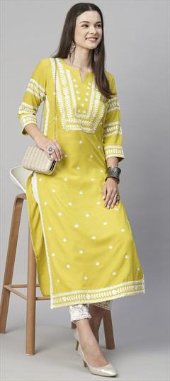 Summer Yellow color Kurti in Cotton fabric with Long Sleeve, Straight Embroidered work : 1948210