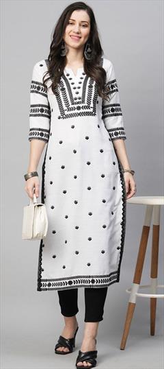 Summer White and Off White color Kurti in Cotton fabric with Long Sleeve, Straight Embroidered work : 1948211