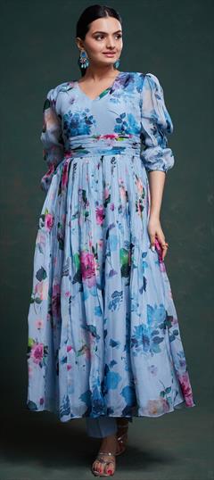 Festive, Reception Blue color Salwar Kameez in Organza Silk fabric with Floral, Printed work : 1948219
