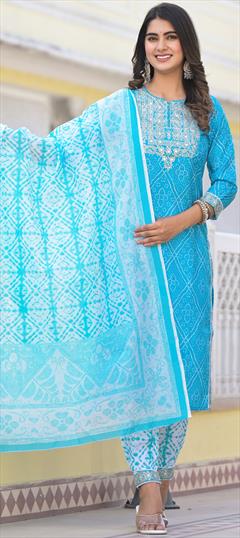 Festive, Party Wear Blue color Salwar Kameez in Cotton fabric with Straight Bandhej, Mirror, Printed, Sequence work : 1948222