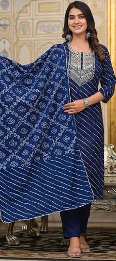 Festive, Party Wear Blue color Salwar Kameez in Cotton fabric with Straight Lehariya, Sequence work : 1948227