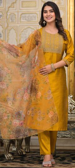 Festive, Party Wear Yellow color Salwar Kameez in Poly Silk fabric with Straight Embroidered, Sequence, Thread work : 1948231