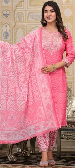 Festive, Party Wear Pink and Majenta color Salwar Kameez in Cotton fabric with Straight Bandhej, Embroidered, Printed, Sequence work : 1948232