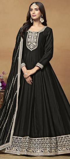 Festive, Reception Black and Grey color Salwar Kameez in Art Silk fabric with Anarkali Embroidered, Sequence, Thread, Zari work : 1948235