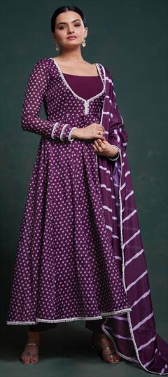 Engagement, Festive, Reception Purple and Violet color Salwar Kameez in Organza Silk fabric with Anarkali Bandhej, Lace, Printed work : 1948237